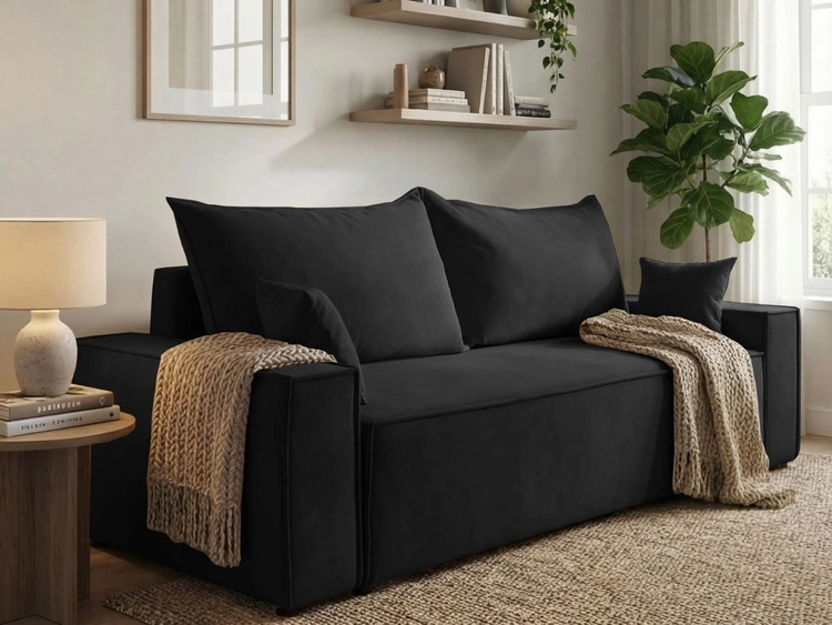 Kanapa z funkcją spania i pojemnikiem na pościel Sivra Czarna