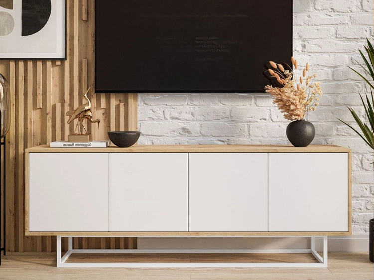 Szafka RTV pod telewizor z drzwiczkami i białym stelażem Vivance Biały i dąb artisan