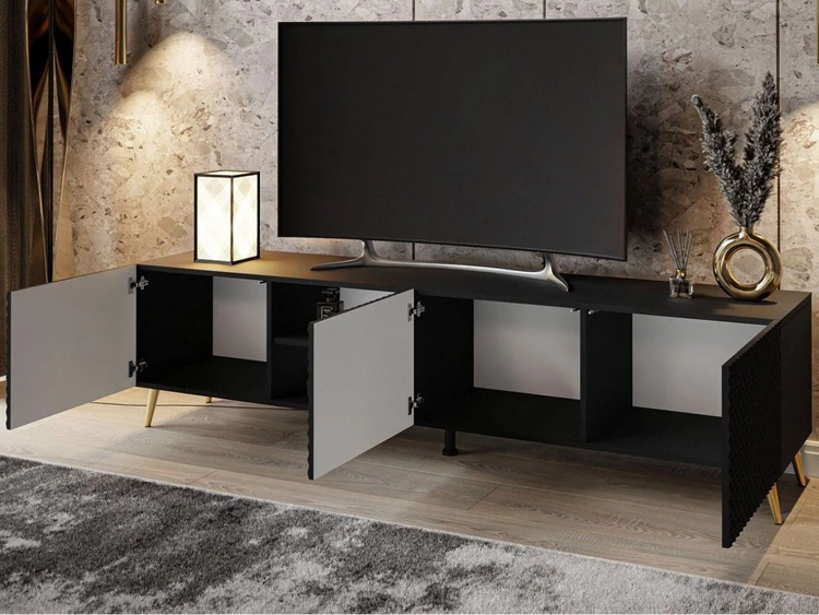 Szafka RTV z metalowymi chromowanymi nóżkami i frezowanymi frontami 3D Celiane czarny mat