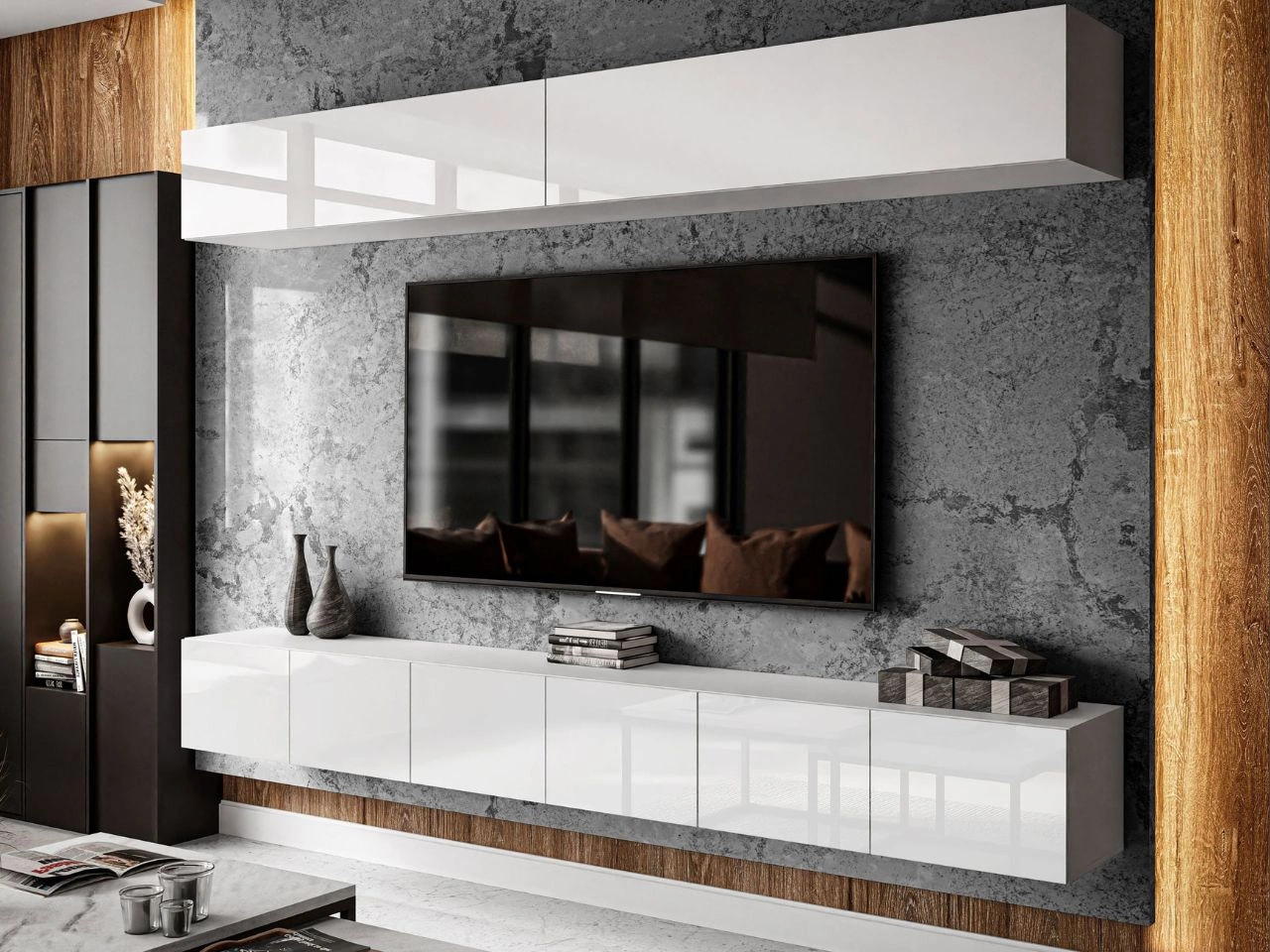 Wisząca meblościanka do salonu z oświetleniem LED Nodoo Biały połysk