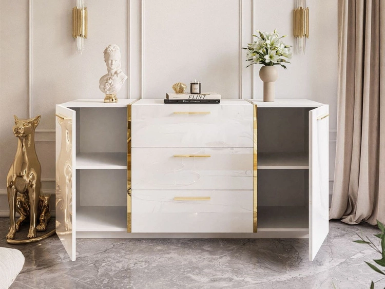 Zestaw mebli do salonu ze złotymi uchwytami w stylu glamour Lunelie Biały połysk