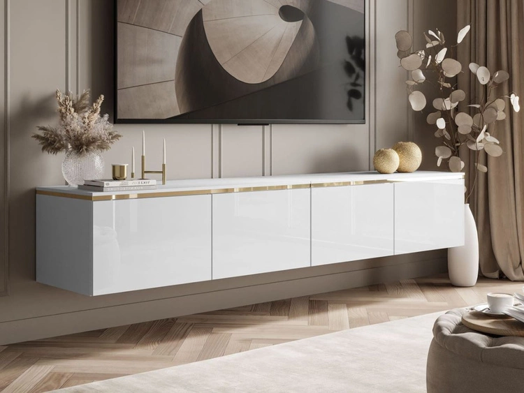 Szafka RTV wisząca w stylu glamour z oświetleniem LED Celle biały połysk