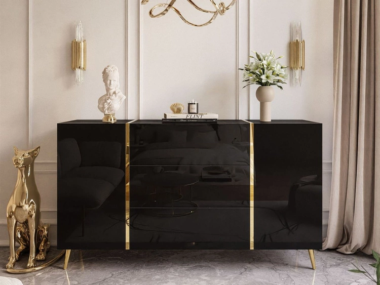 Dwudrzwiowa komoda 158 cm na złotych nóżkach z trzema szufladami Lunelie czarny połysk