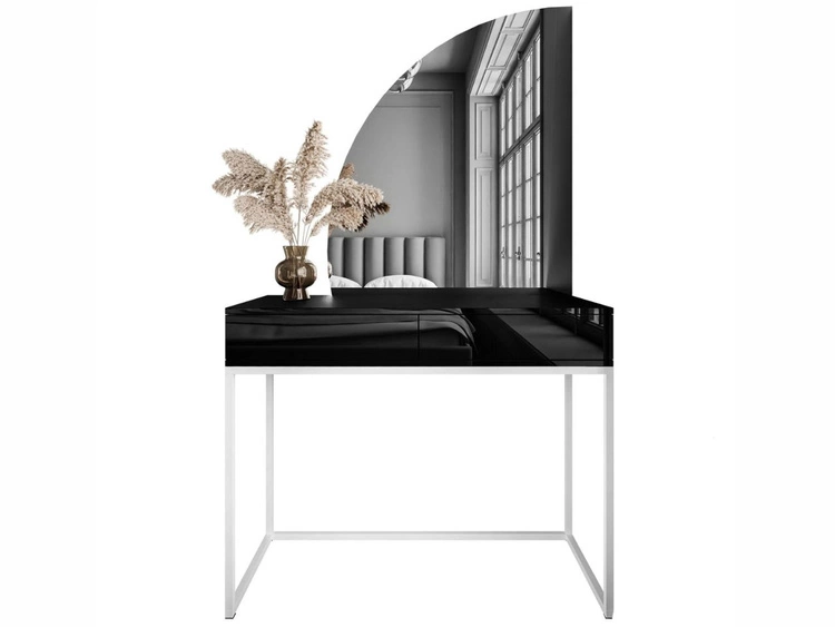 Toaletka kosmetyczna lewostronna z szufladami i oświetleniem LED na białych nogach Clarette Czarny połysk