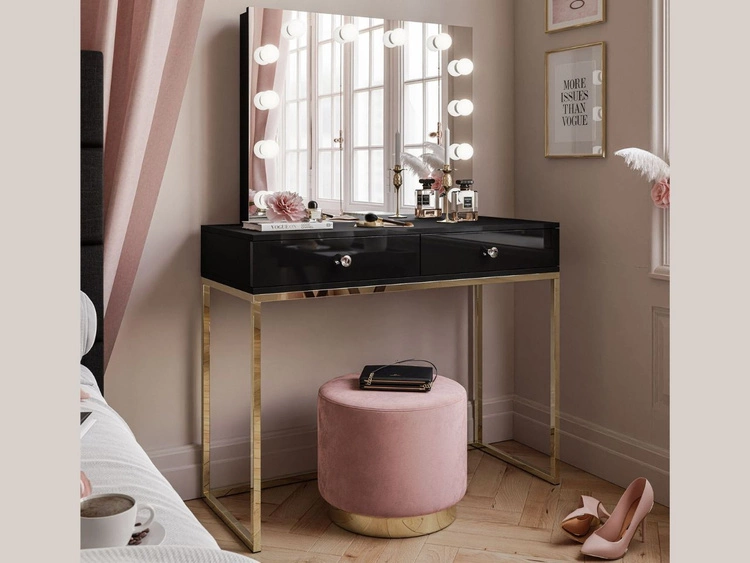 Toaletka glamour z szufladami, lustrem i oświetleniem LED Brisa czarny połysk