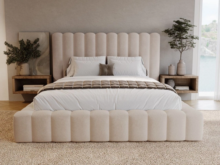 Łóżko tapicerowane z pojemnikiem i stelażem 140x200 cm Rotto Beżowe