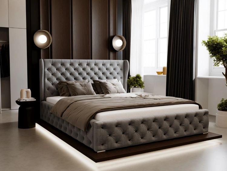 Łóżko tapicerowane z pojemnikiem na pościel i stelażem 160x200 Kingston Szare