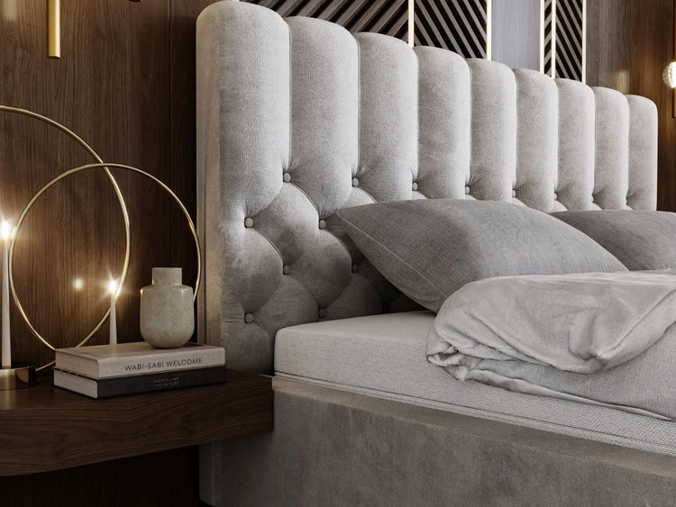 Łóżko tapicerowane z pojemnikiem i stelażem 160x200 cm Roma Jasnoszare