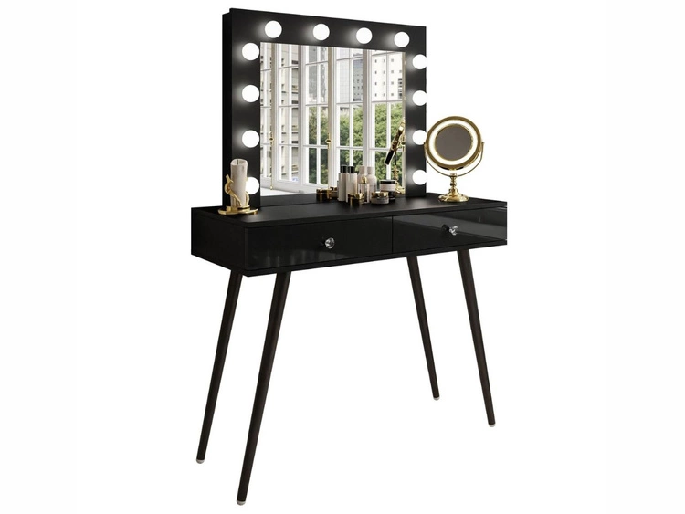 Toaletka glamour z szufladami, kryształowymi uchwytami i oświetleniem LED Olivine czarny połysk