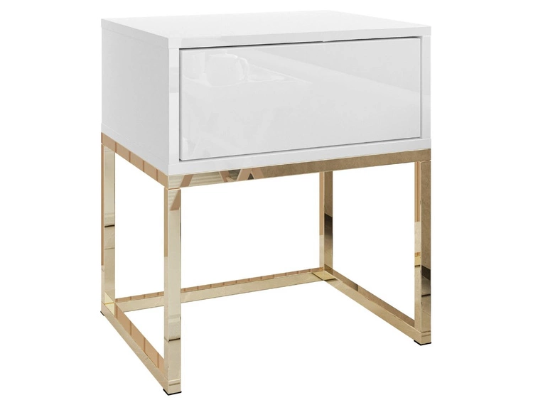 Stolik nocny z szufladą i złotymi nogami Brisa biały połysk