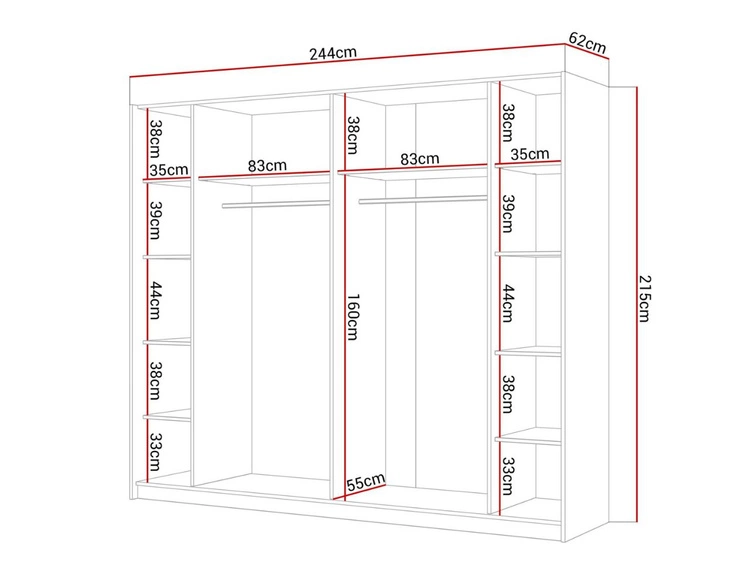 Szafa dwudrzwiowa z drzwiami przesuwnymi i lustrem 244 cm Nuveo Czarno-Biały Połysk