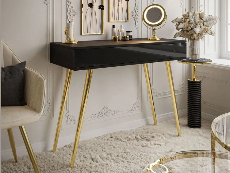 Konsola glamour z szufladami i złotymi nogami Olivine czarny połysk