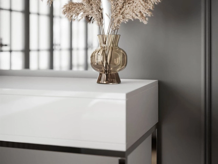 Toaletka kosmetyczna prawostronna z szufladami i oświetleniem LED na srebrnych nogach Clarette Biały połysk