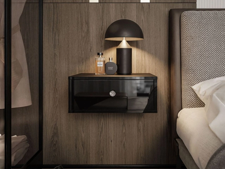 Stolik nocny glamour wiszący z szufladą i oświetleniem LED Brisa czarny połysk