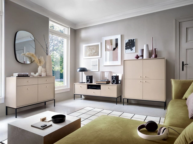 Komoda z drzwiami i szufladami na czarnych nóżkach 104 cm Amor Beż piaskowy