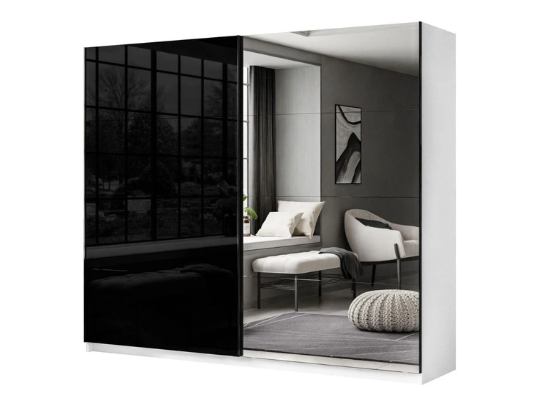 Szafa dwudrzwiowa z drzwiami przesuwnymi i lustrem 244 cm Nuveo Czarno-Biały Połysk