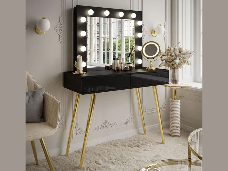 Toaletka kosmetyczna z szufladami, lustrem i oświetleniem LED Olivine czarny połysk