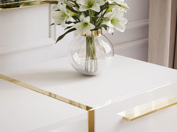 Szafka RTV w stylu glamour z szafkami i szufladą Lunelie biały połysk