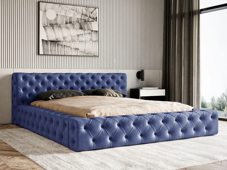 Łóżko tapicerowane z pojemnikiem i stelażem 120x200 cm Palini Ciemnoniebieskie