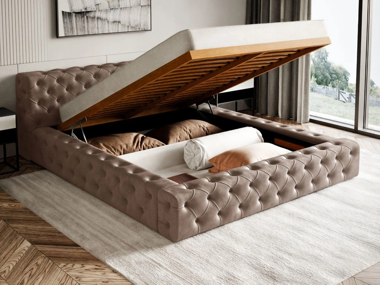 Łóżko tapicerowane z pojemnikiem i stelażem 140x200 cm Palini Brązowe