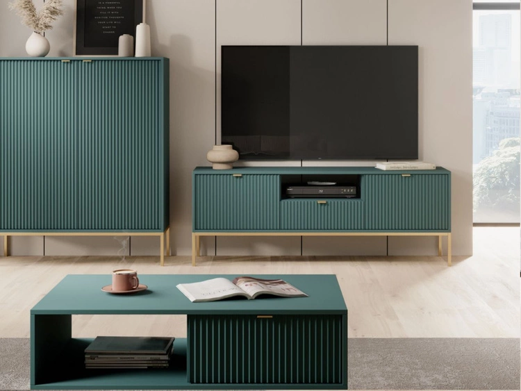 Szafka pod telewizor z szufladami i drzwiczkami Amber zielona na złotych nogach