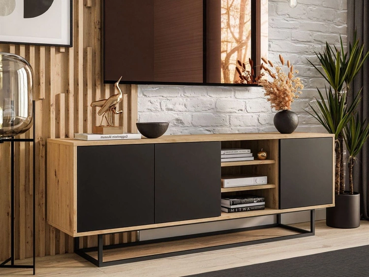 Szafka RTV pod telewizor z drzwiczkami i czarnym stelażem Vivance Czarny i dąb artisan