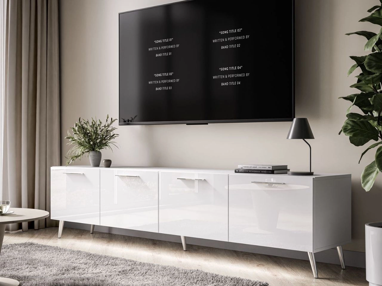 Szafka RTV pod telewizor z drzwiczkami i oświetleniem LED na srebrnych nóżkach 200 cm Noaé Biały Połysk