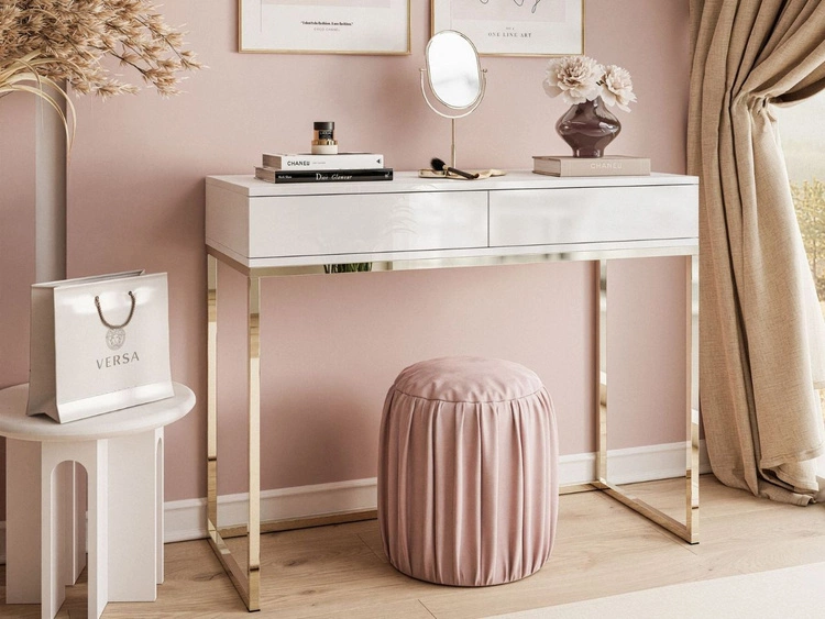 Konsola z szufladami i złotym stelażem w stylu glamour Brisa biały połysk