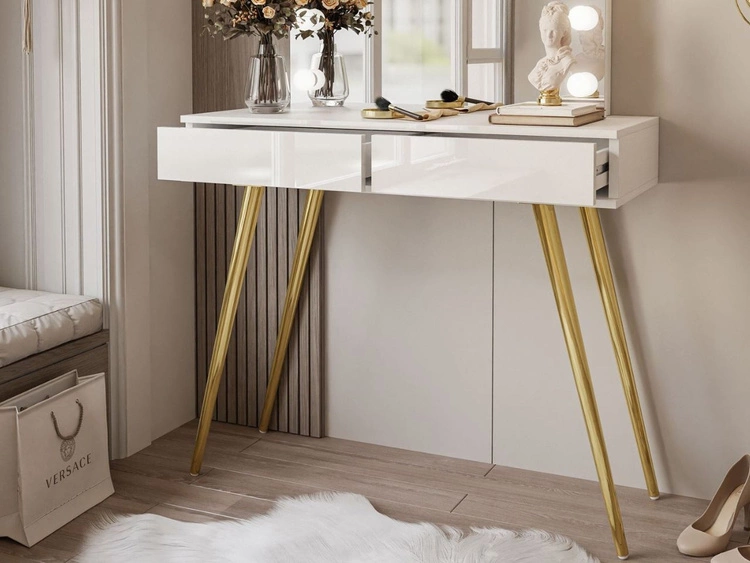 Toaletka kosmetyczna w stylu glamour z szufladami, lustrem i oświetleniem LED Olivine Elite biały połysk