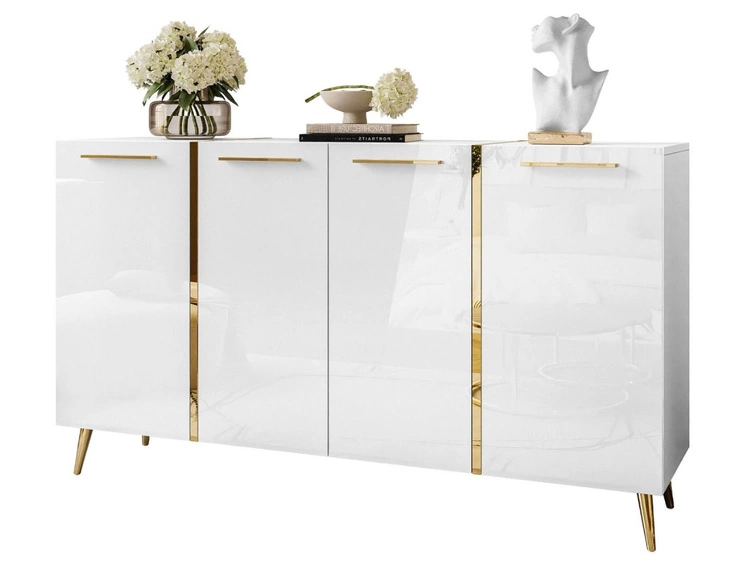 Czterodrzwiowa komoda 158 cm w stylu glamour ze złotymi uchwytami i nogami Lunelie biały połysk