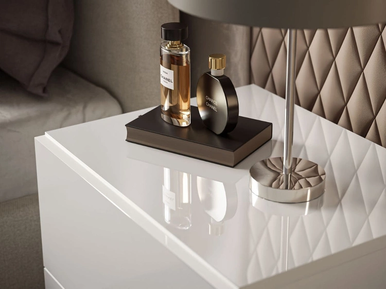 Stolik nocny z szufladami na czarnych nogach Noaé Lux Biały połysk