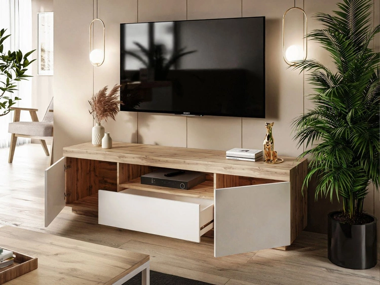 Szafka RTV pod telewizor z drzwiczkami i szufladą Asumi Biały i dąb wotan