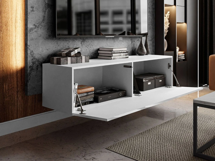 Wisząca szafka RTV pod telewizor z drzwiczkami i oświetleniem LED 150 cm Nodoo Biały połysk