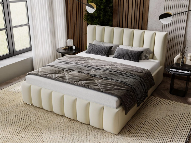 Łóżko tapicerowane z pojemnikiem i stelażem 200x200 Neos Miodowe