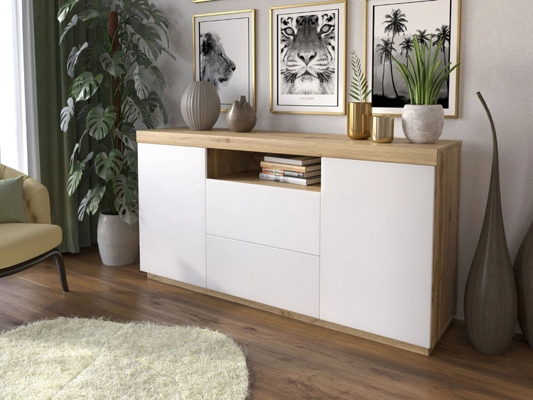 Dwudrzwiowa komoda 164 cm w stylu loft Asumi biały mat i dąb wotan