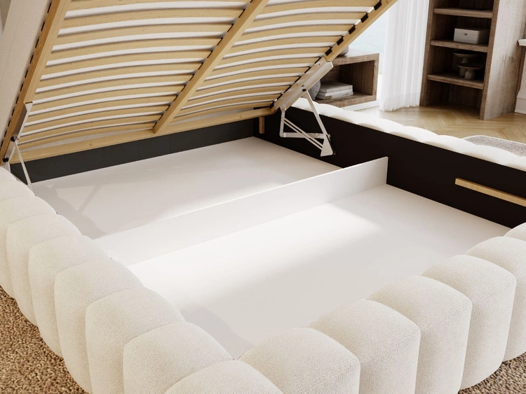 Łóżko tapicerowane z pojemnikiem i stelażem 140x200 cm Rotto Kremowe