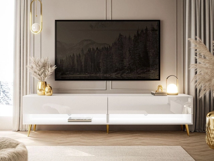 Szafka RTV do salonu 180 cm ze złotymi nóżkami i oświetleniem LED Aurelie Biały połysk