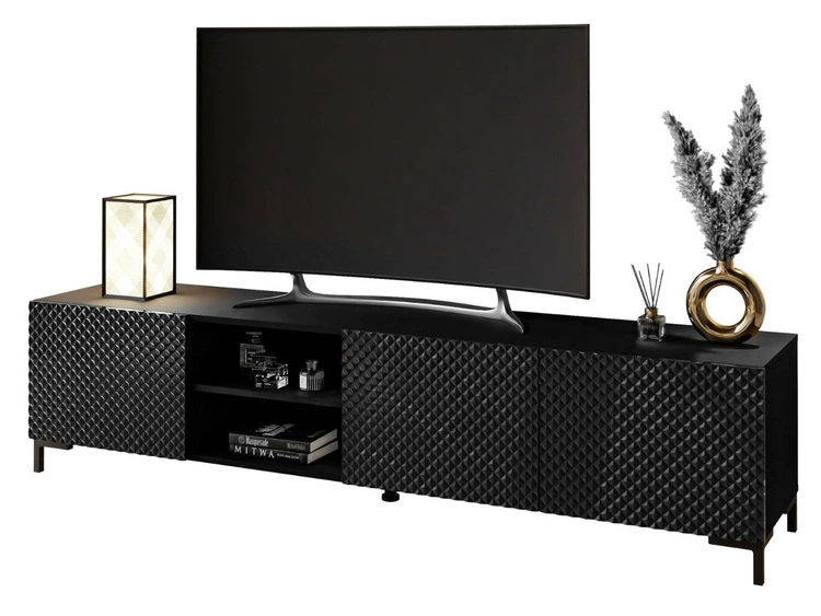 Szafka RTV z czarnymi prostymi nóżkami i frezowanymi frontami 3D Celiane czarny połysk