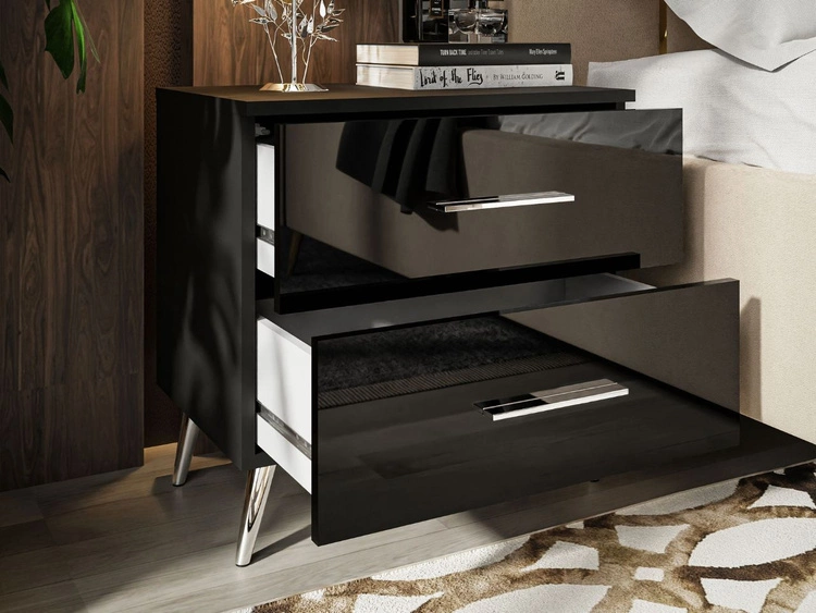 Stolik nocny z szufladami na srebrnych nogach Nuveo Czarny połysk