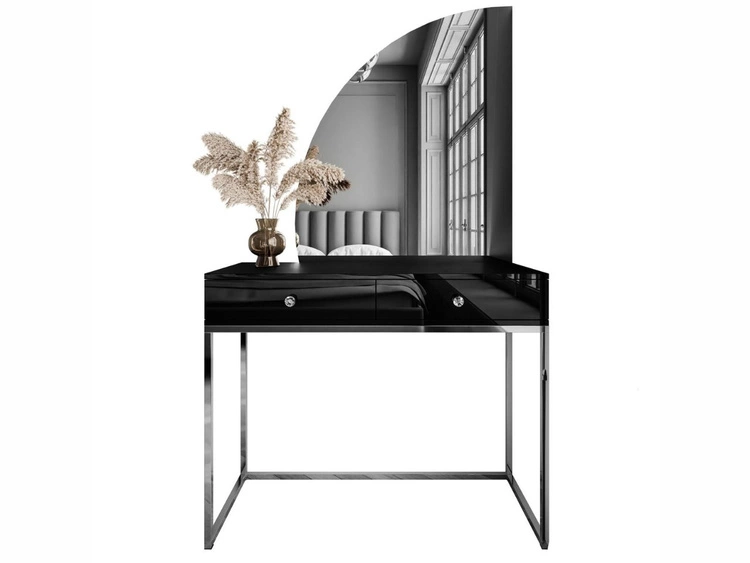 Toaletka kosmetyczna lewostronna z szufladami i oświetleniem LED na srebrnych nogach Clarette Czarny połysk