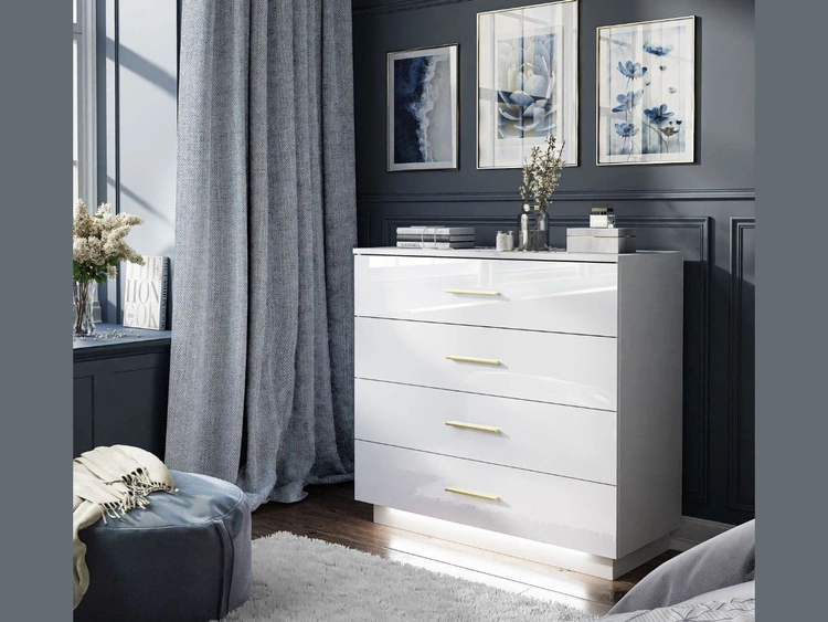 Komoda z czterema szufladami i oświetleniem LED Nuveo Biały połysk