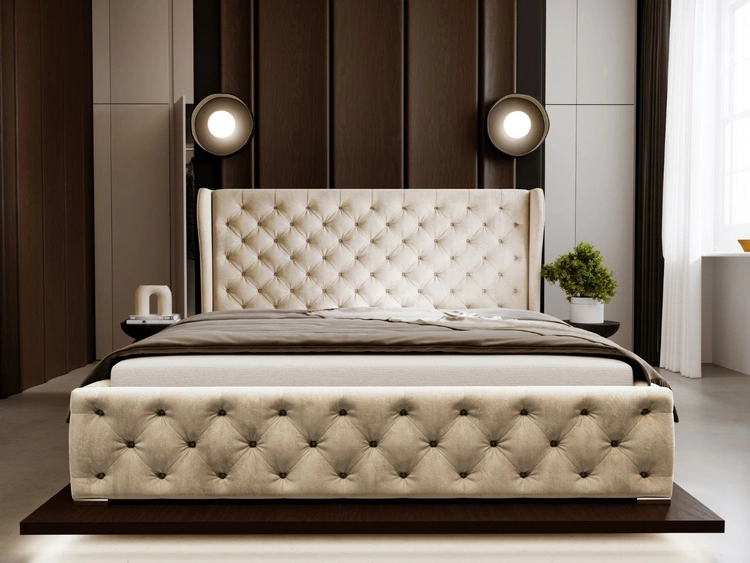 Łóżko tapicerowane z pojemnikiem na pościel i stelażem 200x200 Kingston Beżowe