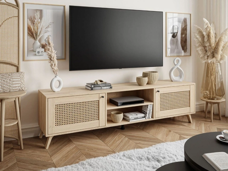 Szafka RTV boho dwudrzwiowa z imitacją ażurowego frontu Bellance dąb puccini