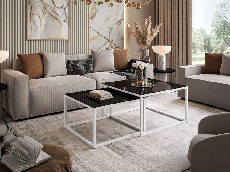 Stolik kawowy na białym stelażu z szklanym blatem Asumi Czarny 35x41