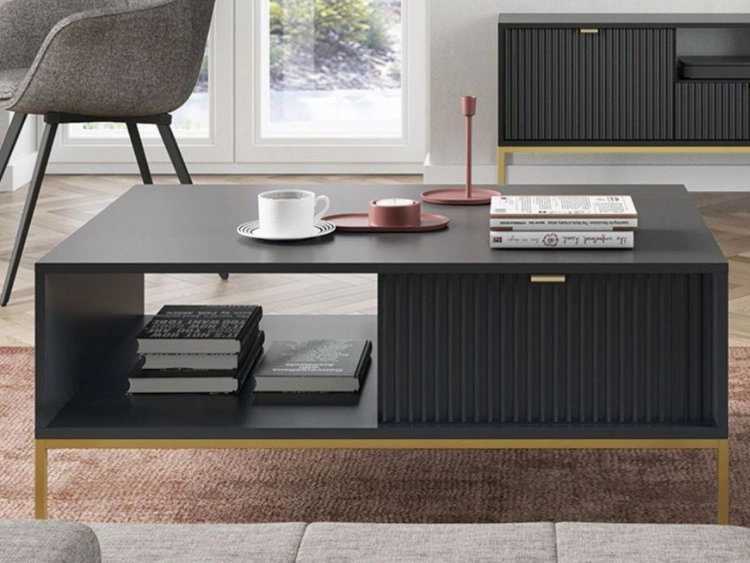 Stolik kawowy z szufladą Amber czarny na złotych nogach