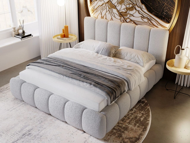 Łóżko tapicerowane z pojemnikiem i stelażem 200x200 Cloud jasnoszare