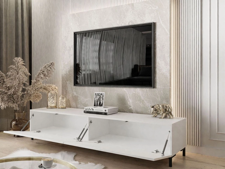 Szafka RTV z drzwiczkami na czarnych nóżkach 175 cm Sorelle Biały połysk