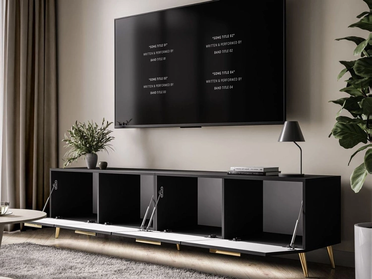 Szafka RTV pod telewizor z drzwiczkami i oświetleniem LED na złotych nóżkach 200 cm Noaé Czarny Połysk