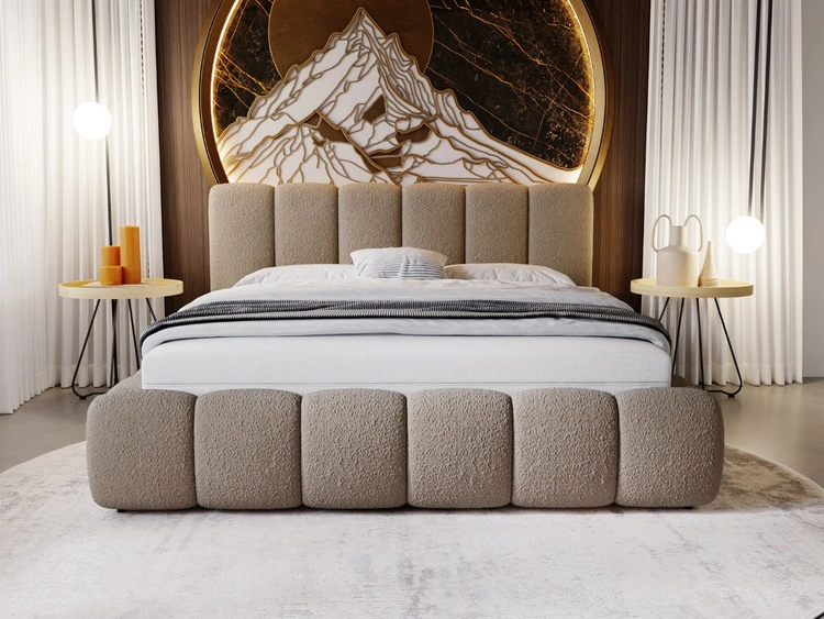 Łóżko tapicerowane bez pojemnika ze stelażem 140x200 Cloud w tkaninie bouclé Brązowe