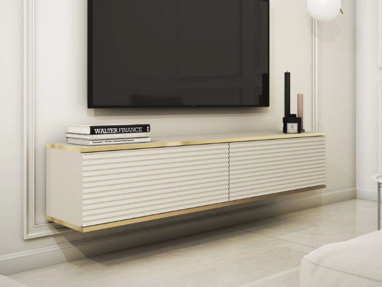 Szafka wisząca pod telewizor z drzwiczkami 135 cm z ryflowanym frontem Diolo Beżowa